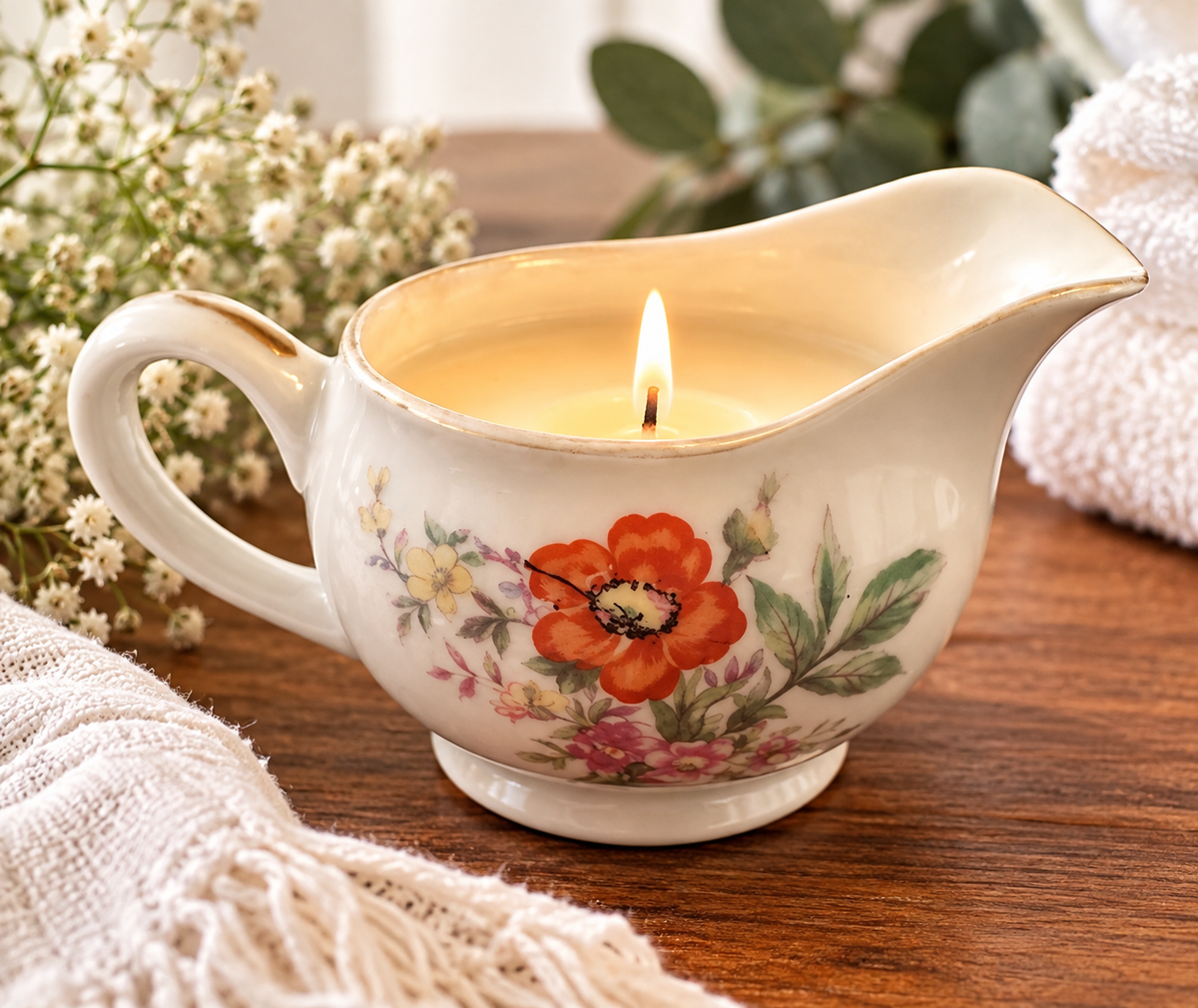Old Flame Massage Oil Candle in Antique Creamer