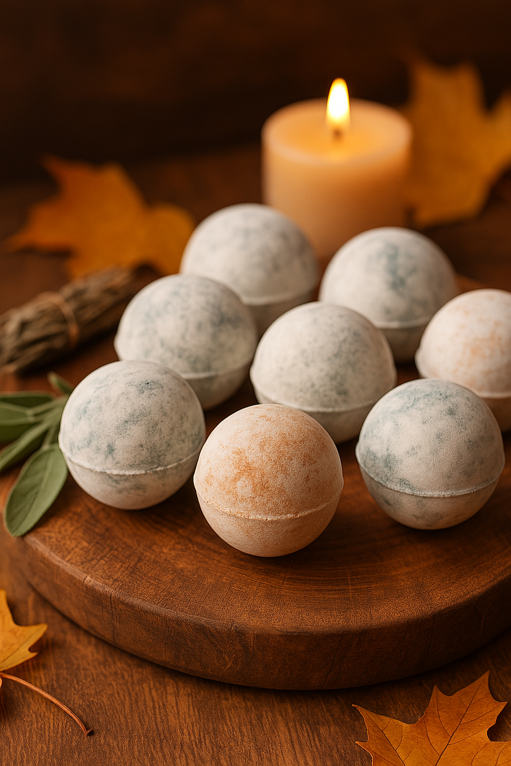Sage the Day bath bomb displayed on a rustic wooden board with sage leaves and autumn foliage — handcrafted farmhouse fall bath product.