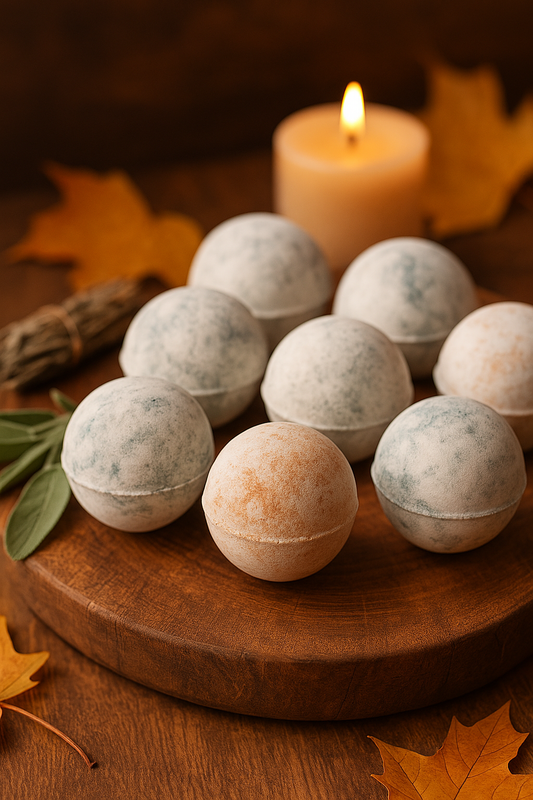 Sage the Day bath bomb displayed on a rustic wooden board with sage leaves and autumn foliage — handcrafted farmhouse fall bath product.